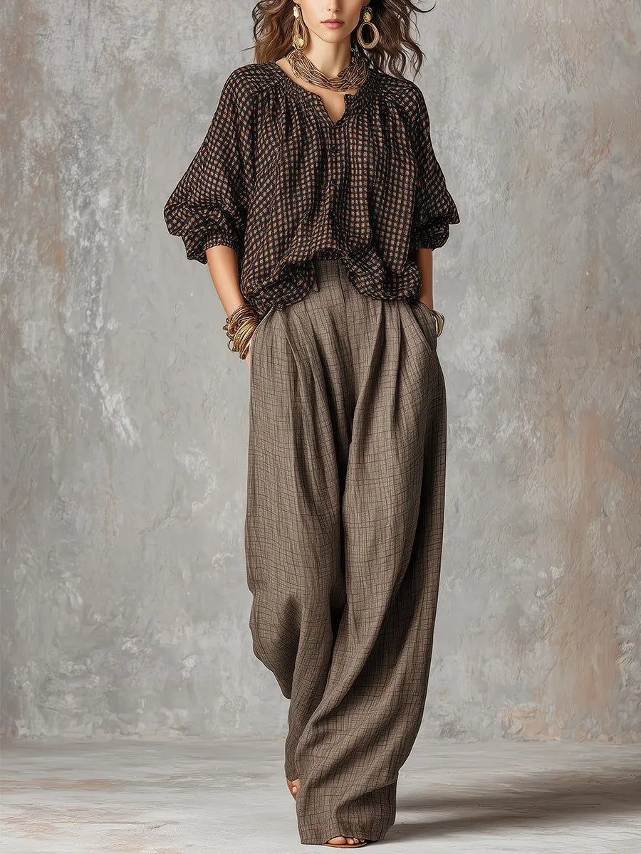 Bohemian Brown Plaid Shirt And Trousers Suit