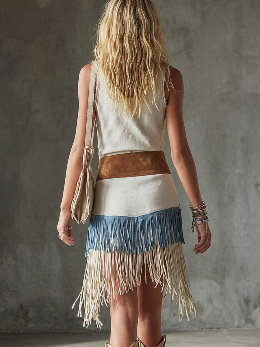 Women's Retro Tassel Art Casual Stylish Patchwork Short Dress