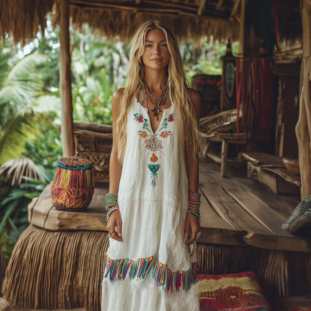 Bohemian Floral Embroidery Tassel Art Sleeveless Cozy Linen Maxi Dress