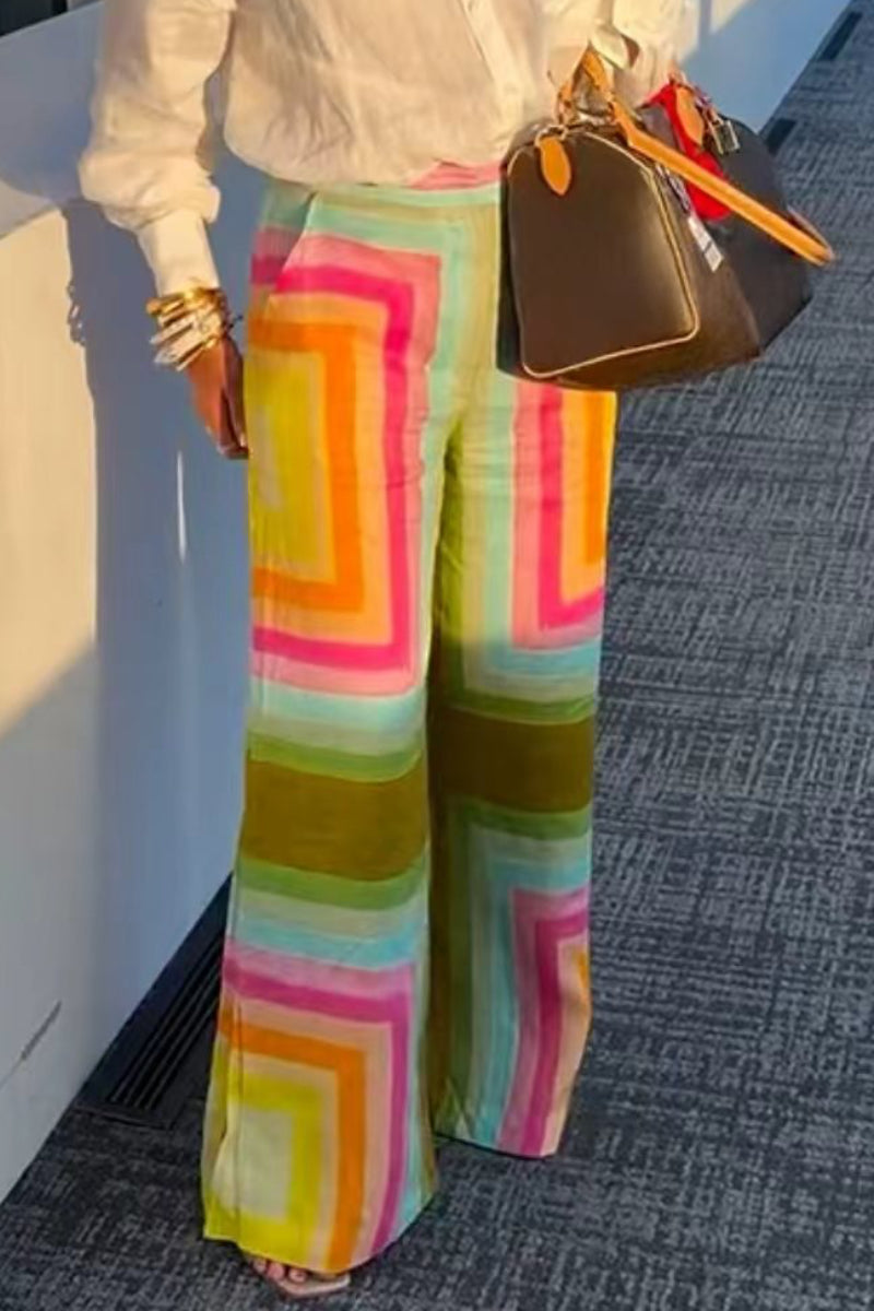 White Linen Shirt & Colorful Geometric Wide-Leg Pants Set
