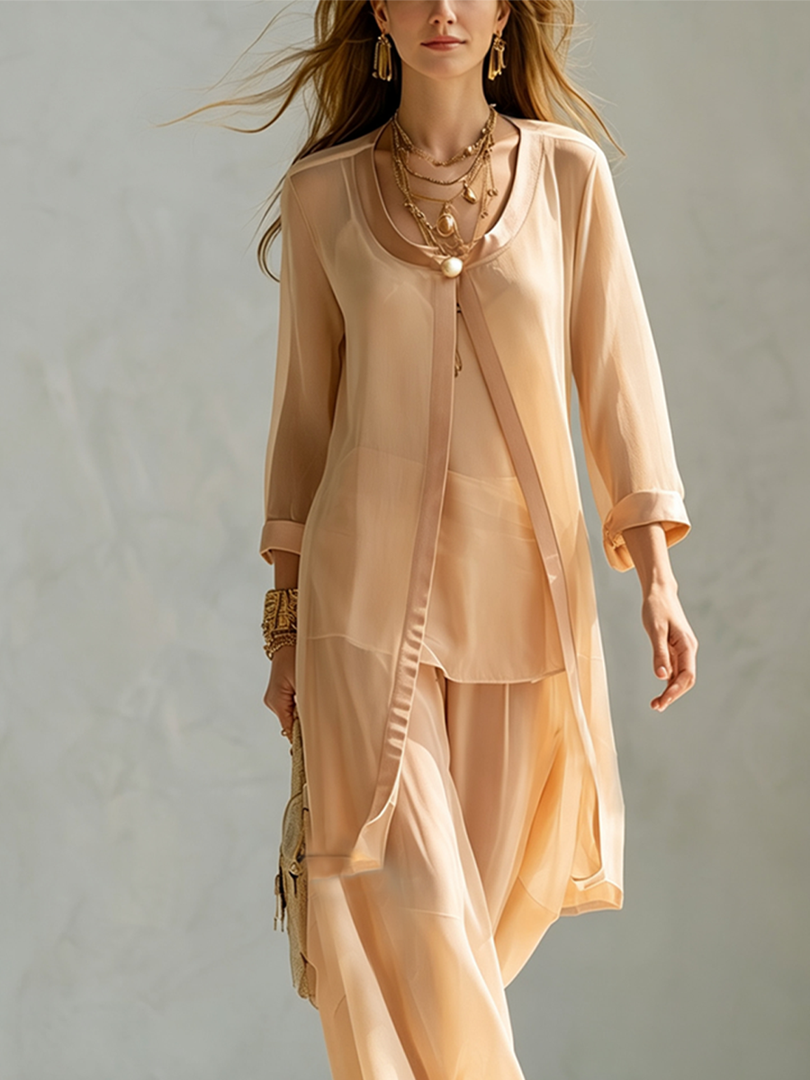 Resort Style Sheer Cover Up Camisole Wide Leg Pants Set