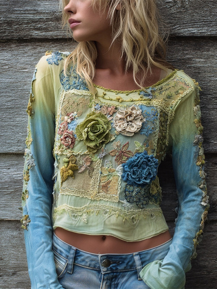 Boho Lace Floral Embroidery Tapering Women's Slim Long Sleeve Top
