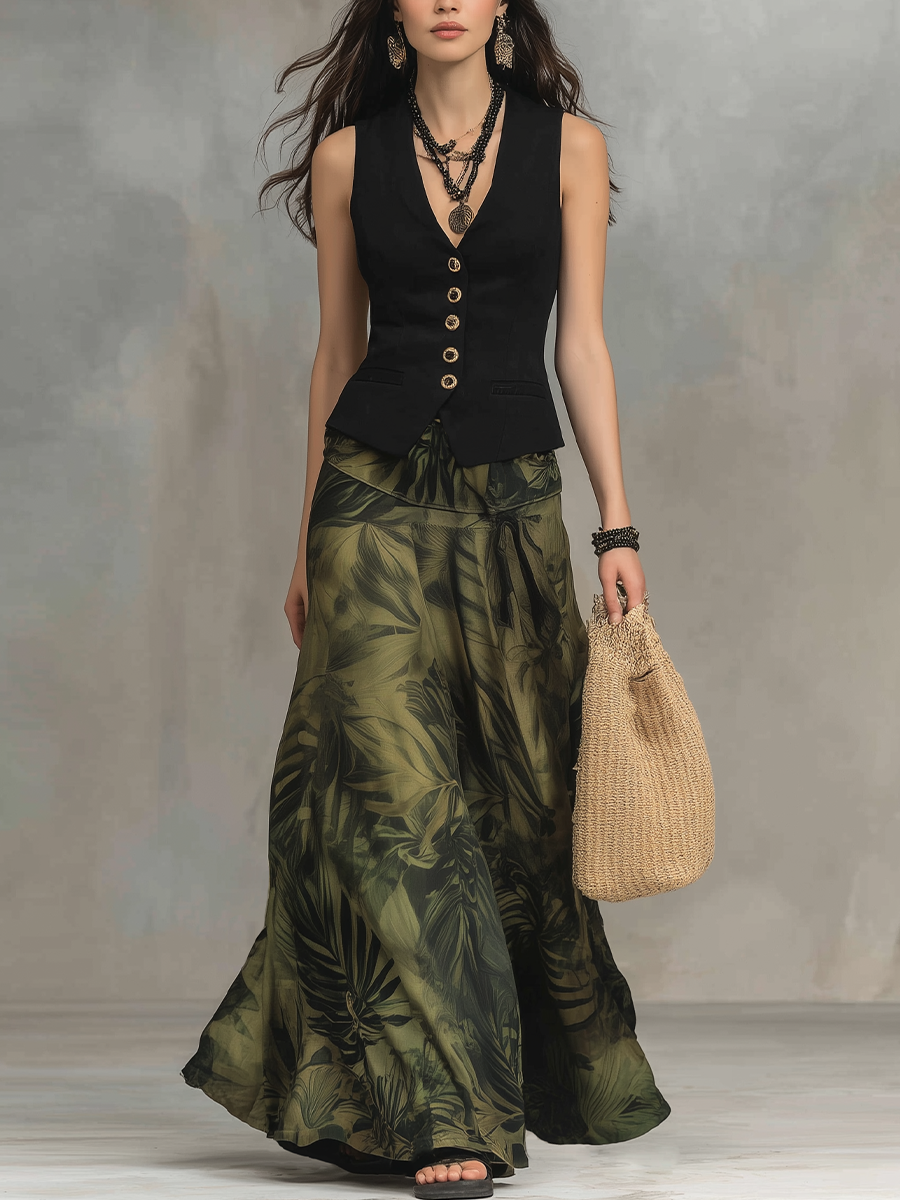 Chic Black Tailored Vest & Printed Maxi Skirt Set