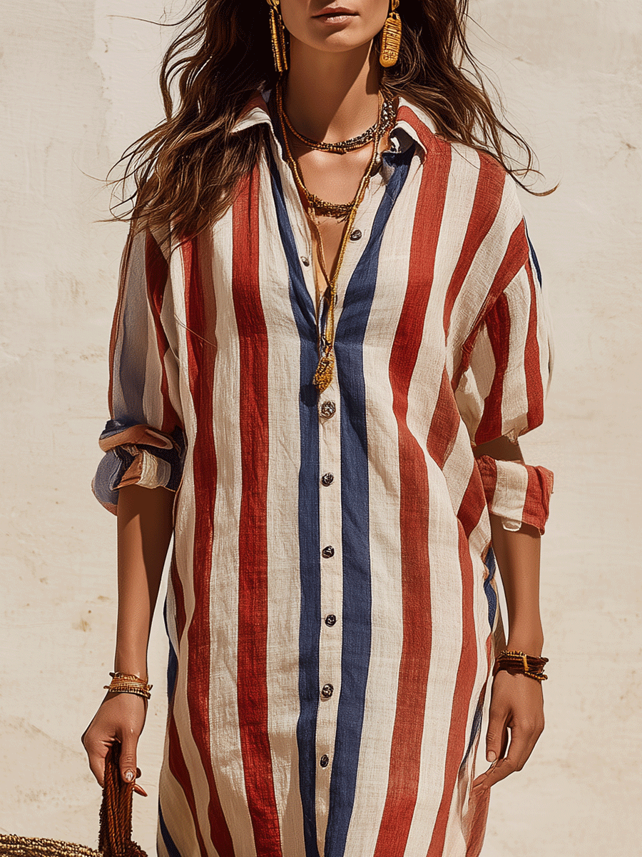 Casual Chic Coastal Breeze Lightweight Patriotic Stripe Midi Dress