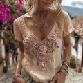 Women's Bohemian Floral Embroidery Art V-neck Linen Blend T-shirt
