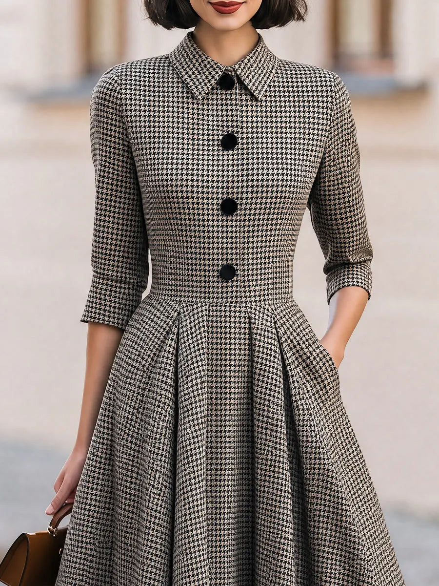 Houndstooth Collared 3/4 Sleeve Button Front A-Line Midi Dress