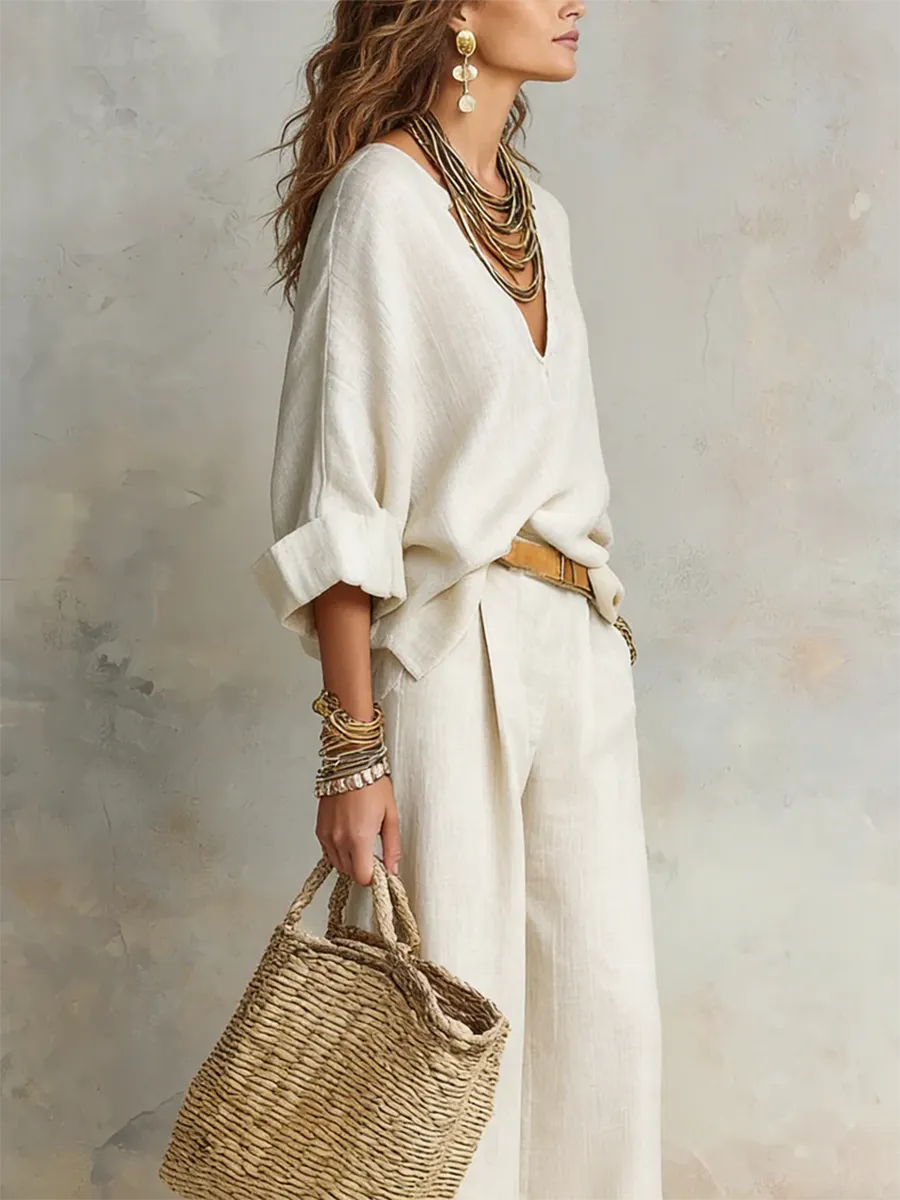 Cozy Minimalist V-neck Cotton-linen Two-piece Set