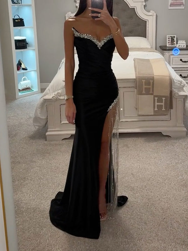 shiny sequinned Sleeveless Tube tasseled Split-Side evening Maxi Dresses