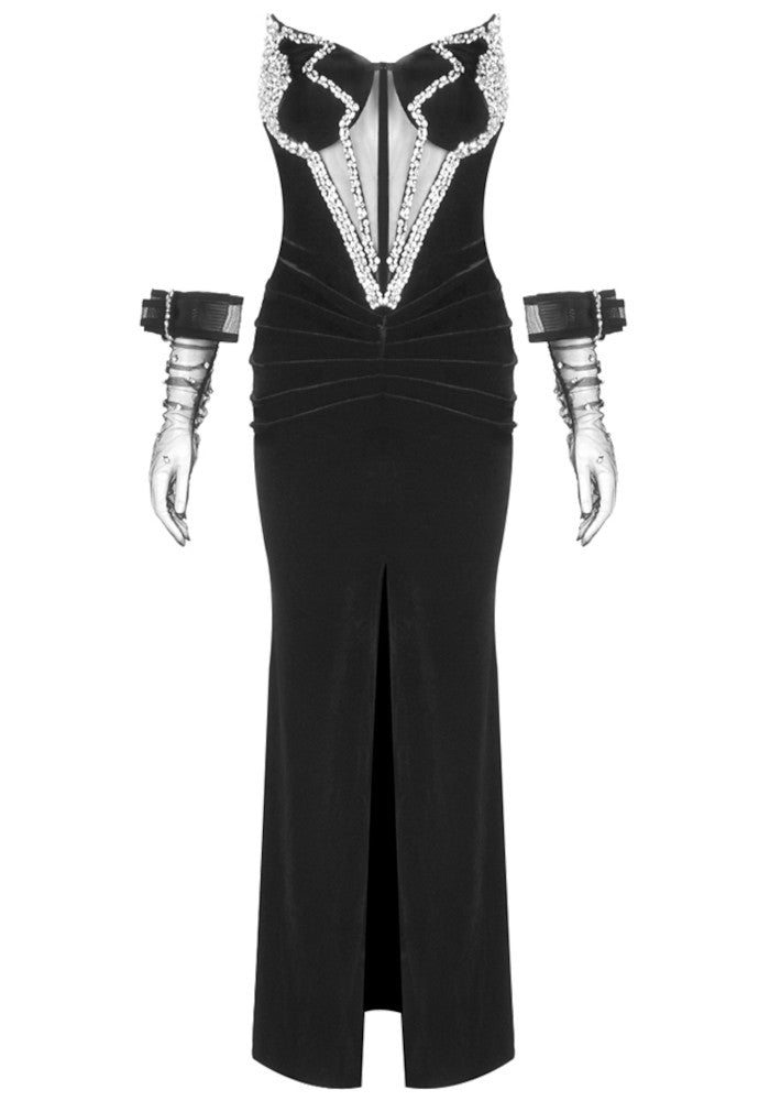 Strapless Crystal Bustier Draped Maxi Velvet Dress Black