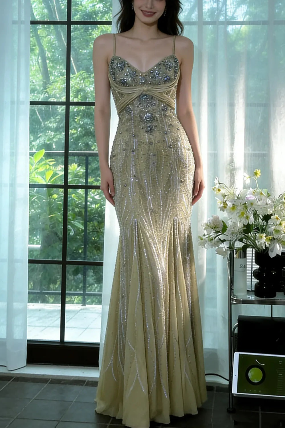 Gold Grass Green Vintage Beading Long Elegant Chiffon Homecoming Dress Ball Dress Evening Dress Birthday Party Dress Date Dress Prom Dress