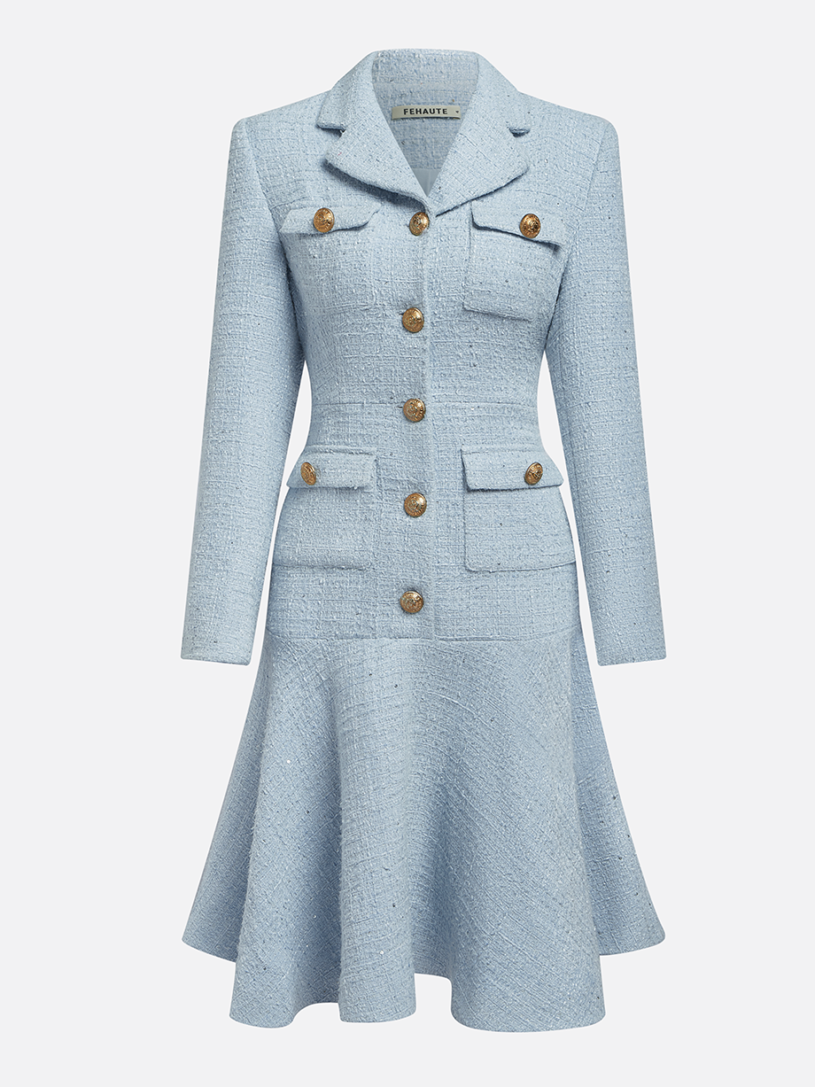 Light Blue Lapel Collar Pocket A-Line Midi Tweed Blazer Dress