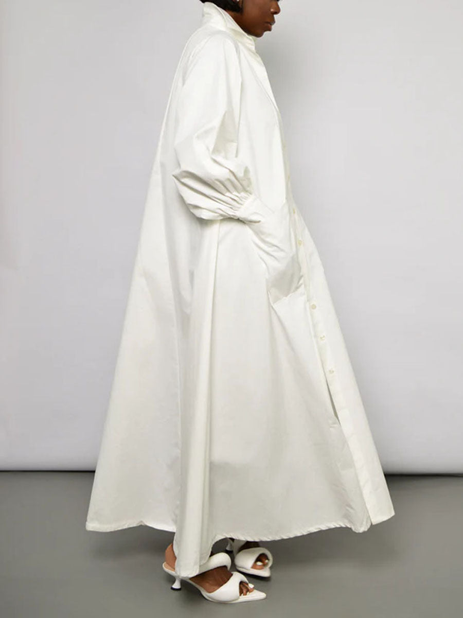 Split-side Split-front Solid Color Pockets Buttoned Loose Long Sleeves Lapel Shirt Dress Maxi Dresses