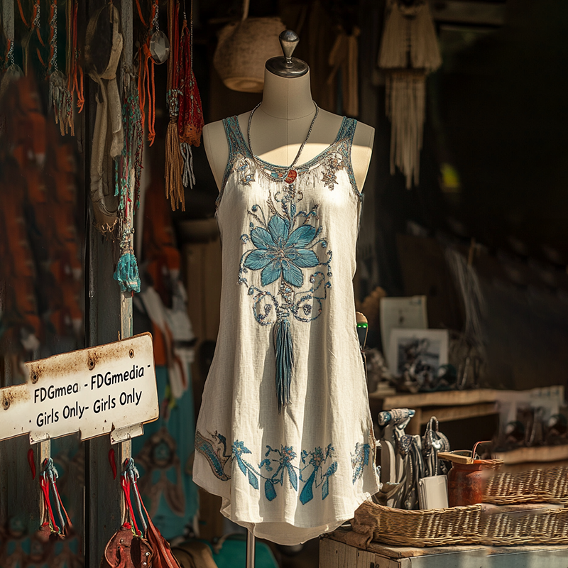Women's Tribal Floral Casual Linen Sleeveless Dress