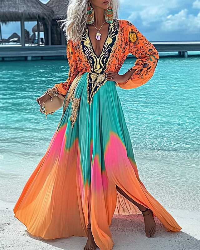 Summer vacation color block fashion elegant dress 6dc4