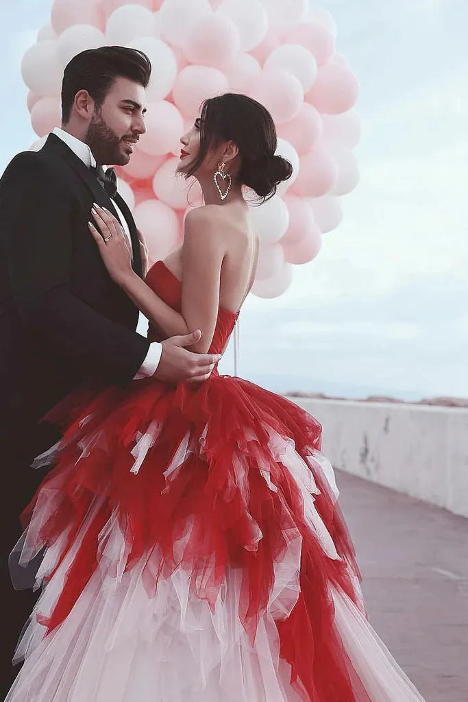 Ball Gown Tulle Ruffles Lace Up Bow  Red Sweetheart Wedding Dress