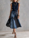 Modern Blue Top  Asymmetrical Denim Patchwork Skirt Set
