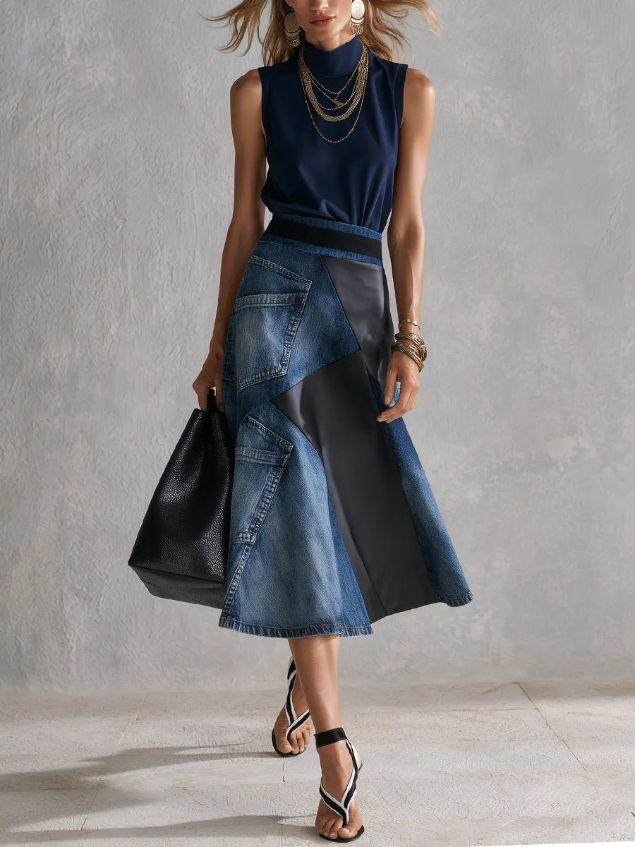 Modern Blue Top  Asymmetrical Denim Patchwork Skirt Set