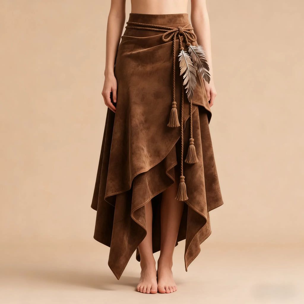 Retro Western Style Irregular Design Suede Skirt