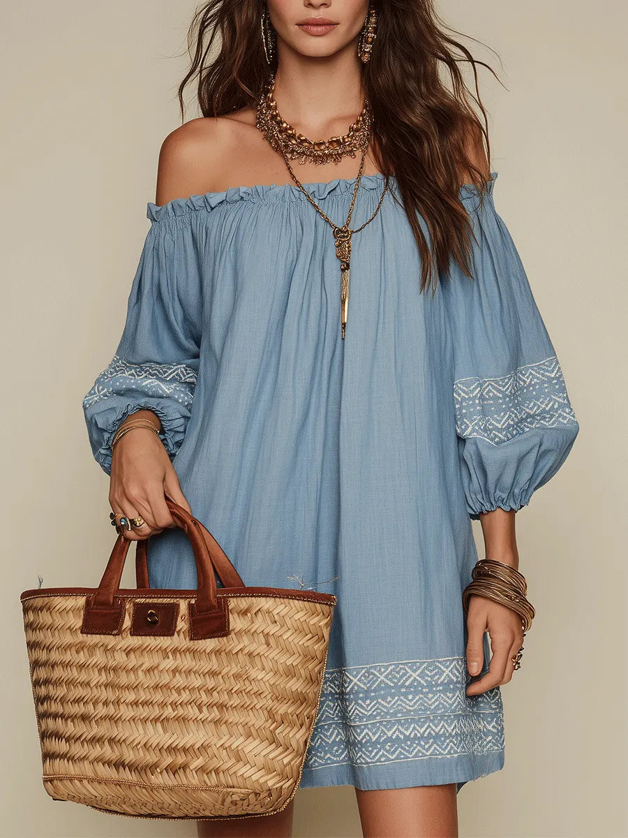 Bohemian Resort Sky Blue Off-Shoulder Embroidered Mini Dress