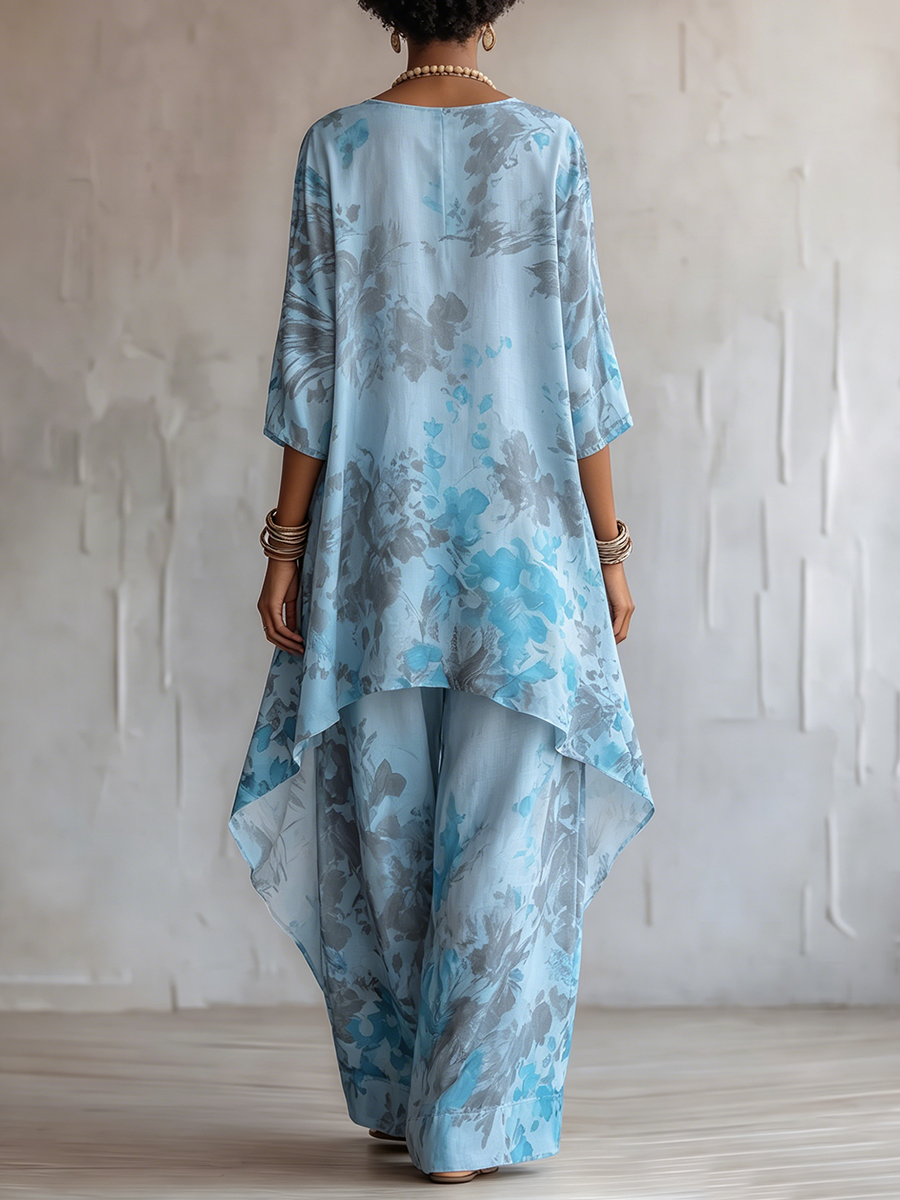 Retro Artistic Watercolor Floral Print Two-piece Set
