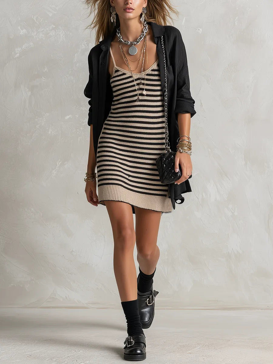 Casual Striped Knit Mini Dress Shirt Set