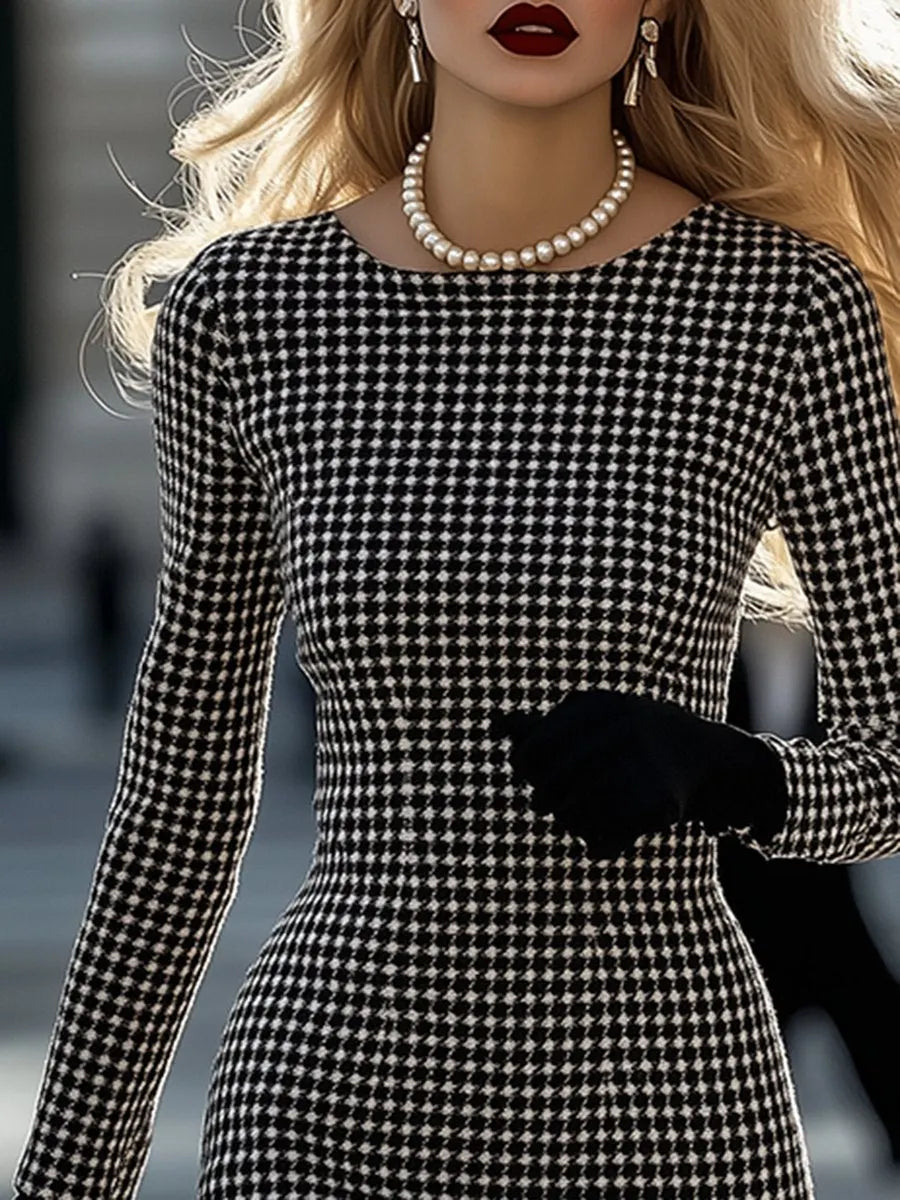 [24-hour shipping out]Retro Elegant High-End Round Neck Houndstooth Dress