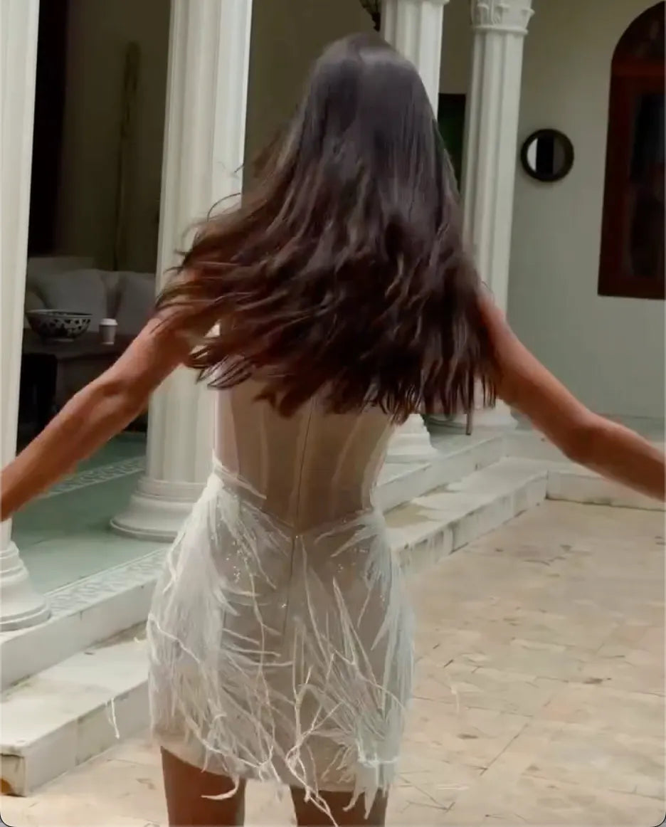 White Feather Sequin Mesh Corset Mini Slip Dress for Birthday Party Beach Vacation Evening Club Photoshoot
