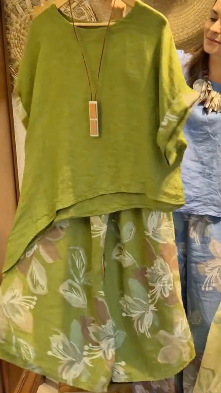Women's Round Neck Printed Loose Cotton And Linen Suit