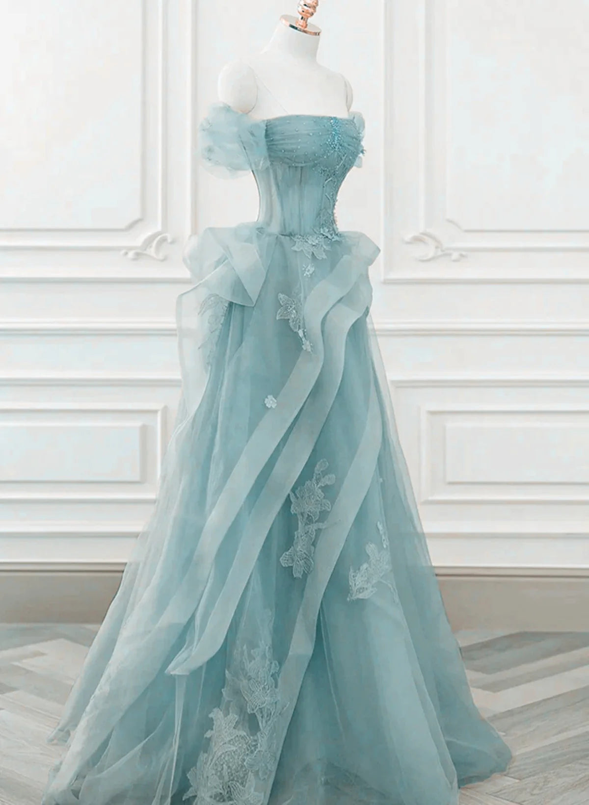 Off Shoulder Lace-up Formal Dress,Blue Birthday Dress Pretty Prom Dress    25026