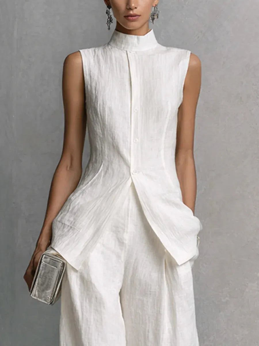 Women's Neo-Chinese Mock Neck Sleeveless Set - Elegant Wide-Leg Two-Piece Suit for Quiet Luxury Style