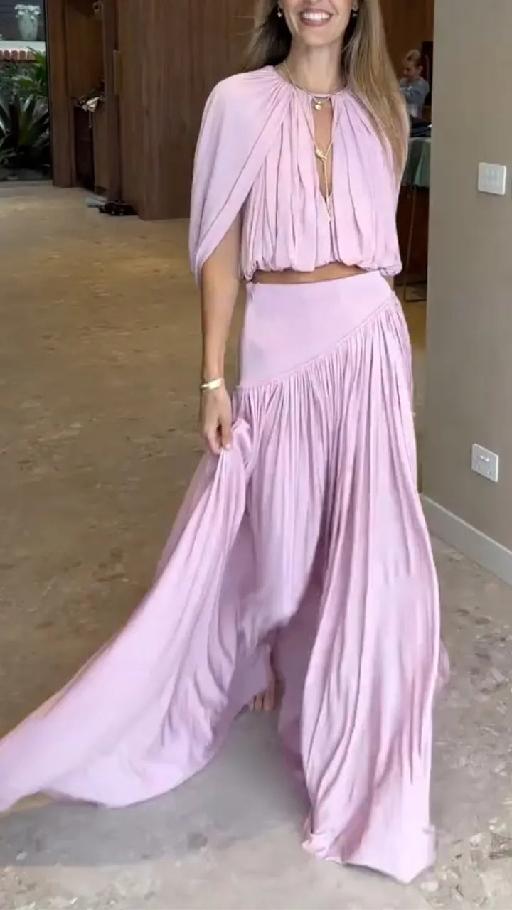 Halter Neck Crop Top & Asymmetrical Pleated Maxi Skirt Set