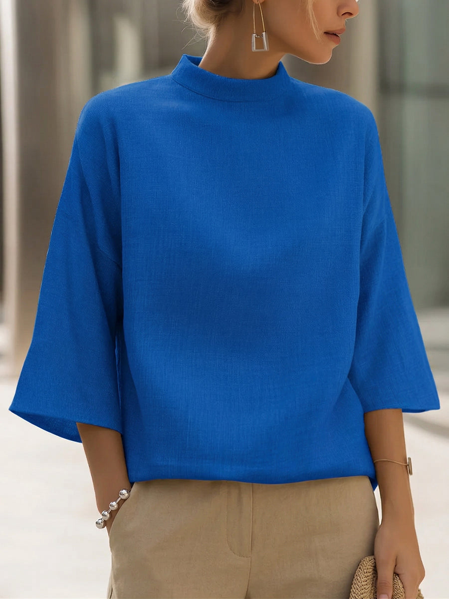 Minimalist Elegance Mock Neck Cotton-linen Shirt