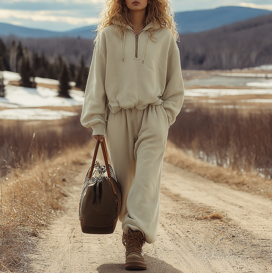 Casual Loose Plus Fleece Zipper Hooded Sweatshirt Trousers Sports Suit