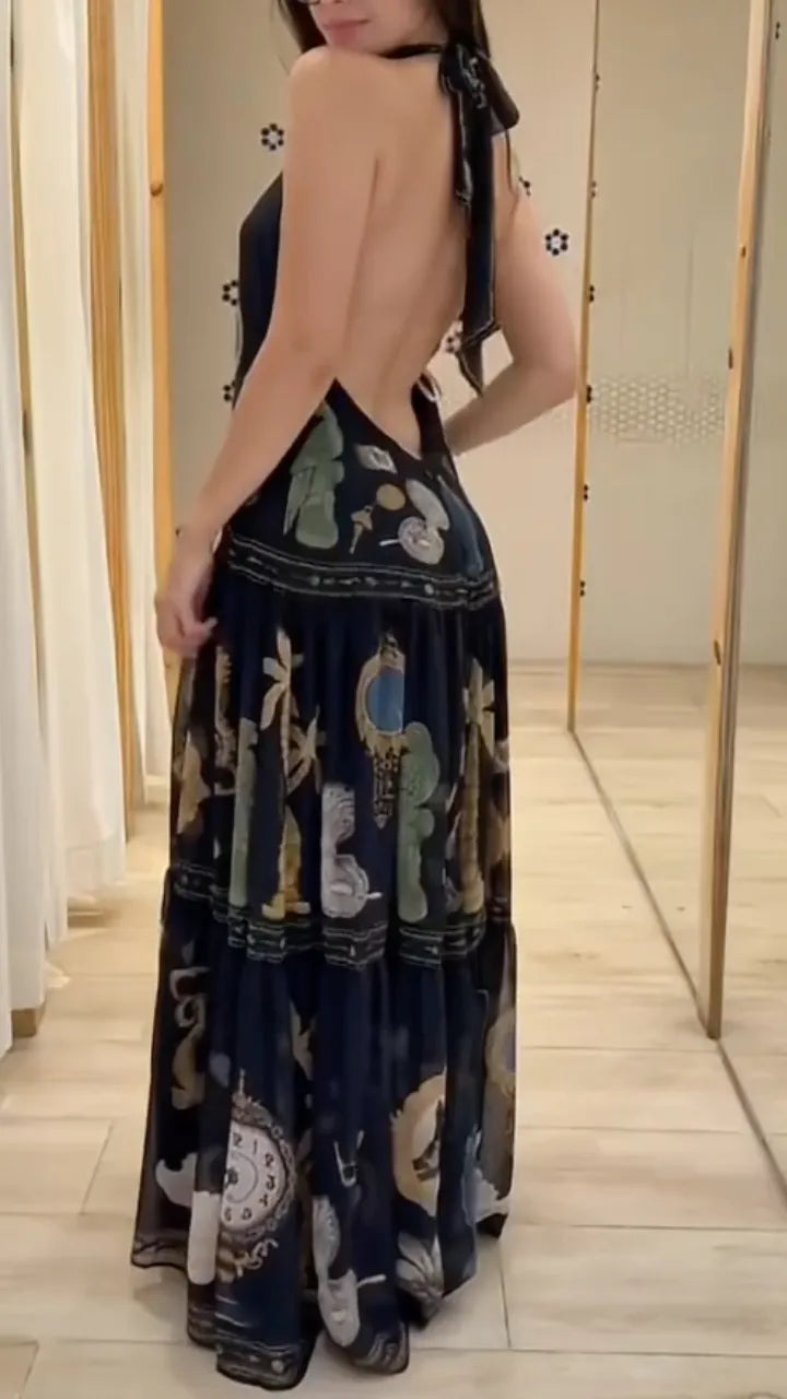 Vintage Swan Print Halter Neck Maxi Dress