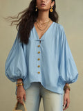 Casual Blue Button Front Blouse