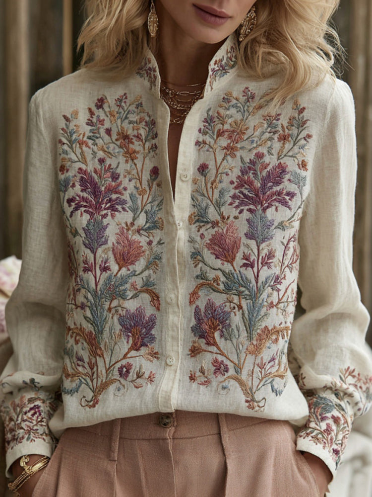 Women's Bohemian-style Floral Embroidered Linen Shirt