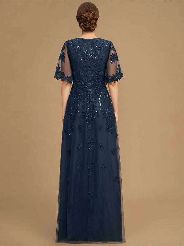 Round Neck Lace Sequins Solid Mesh Gown Maxi Dress