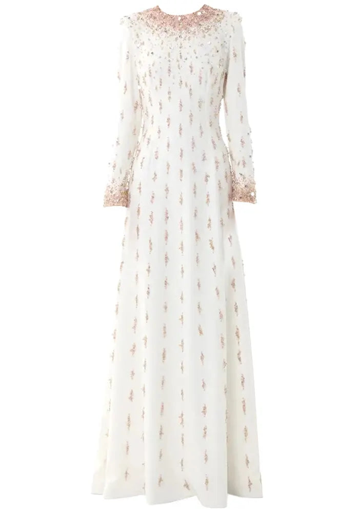 Long Sleeve Crystal Pearl Sequin Maxi Dress White