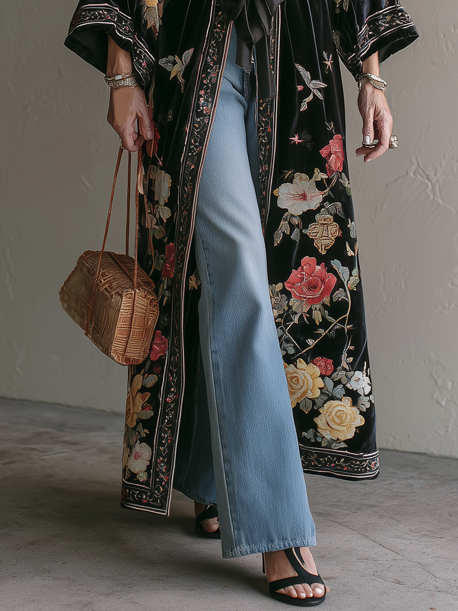 Boho Luxe Belted Velvet Floral Duster Cardigan