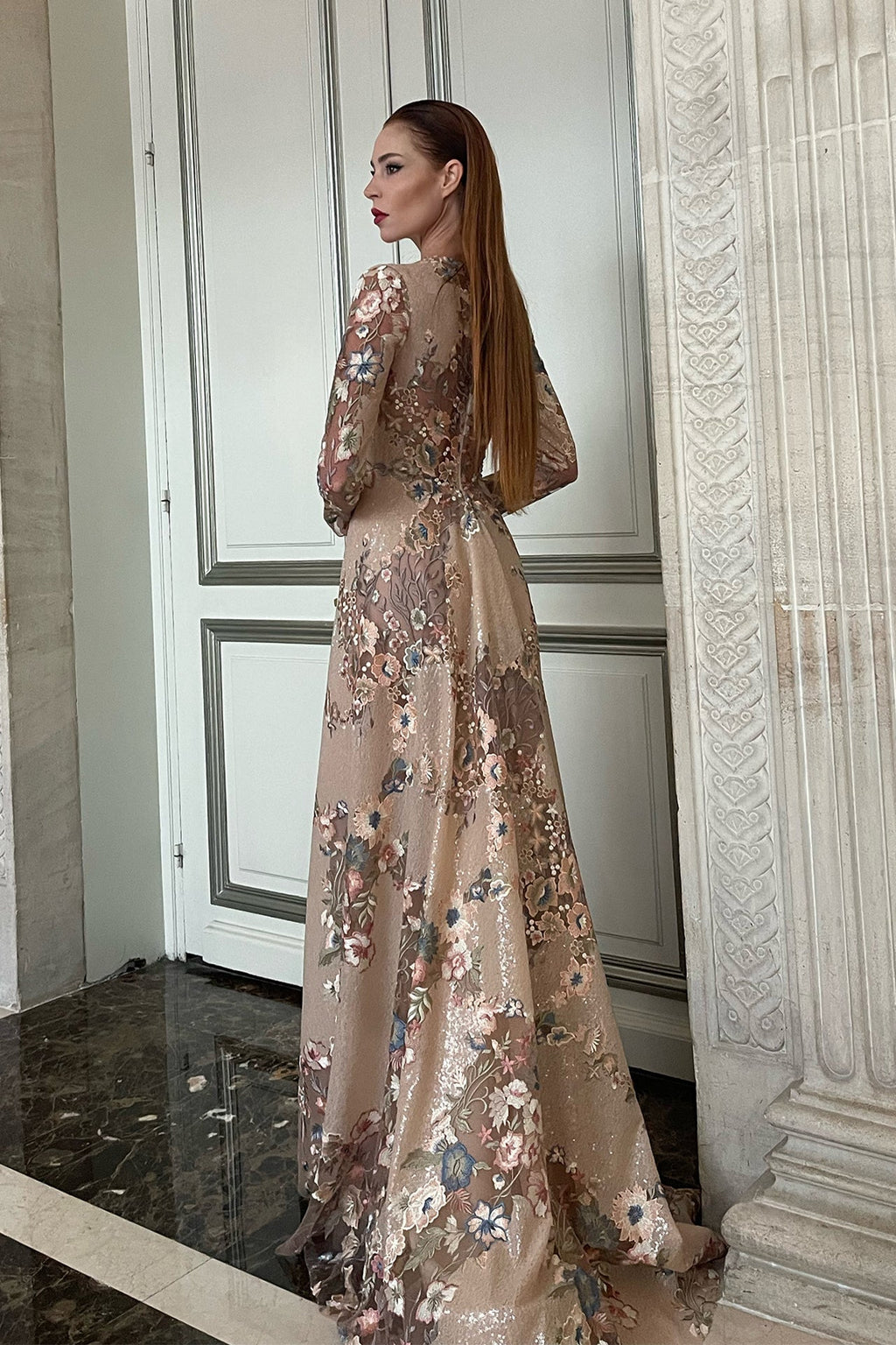 Long sleeves A line dress featuring floral embroidery