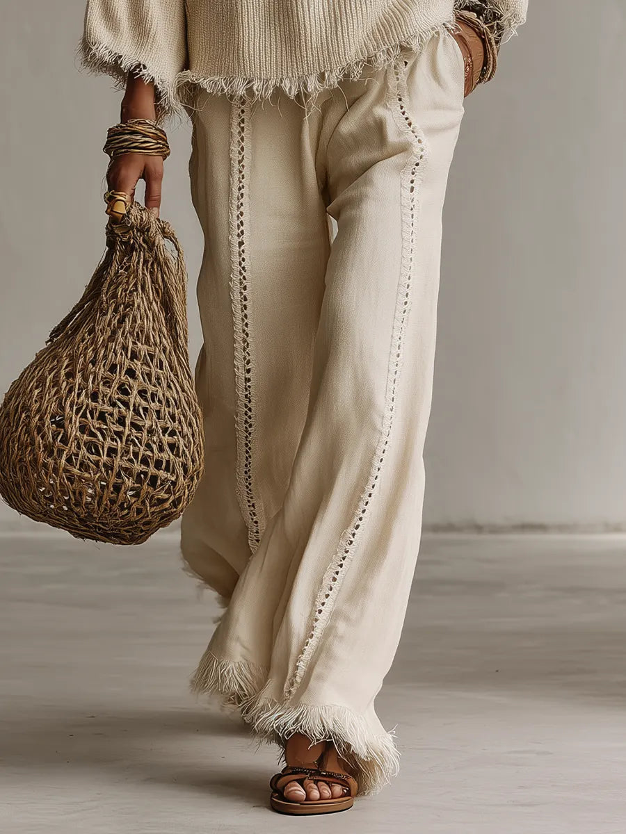 Coastal Boho Fringe Knit Top & Wide Leg Pants Set
