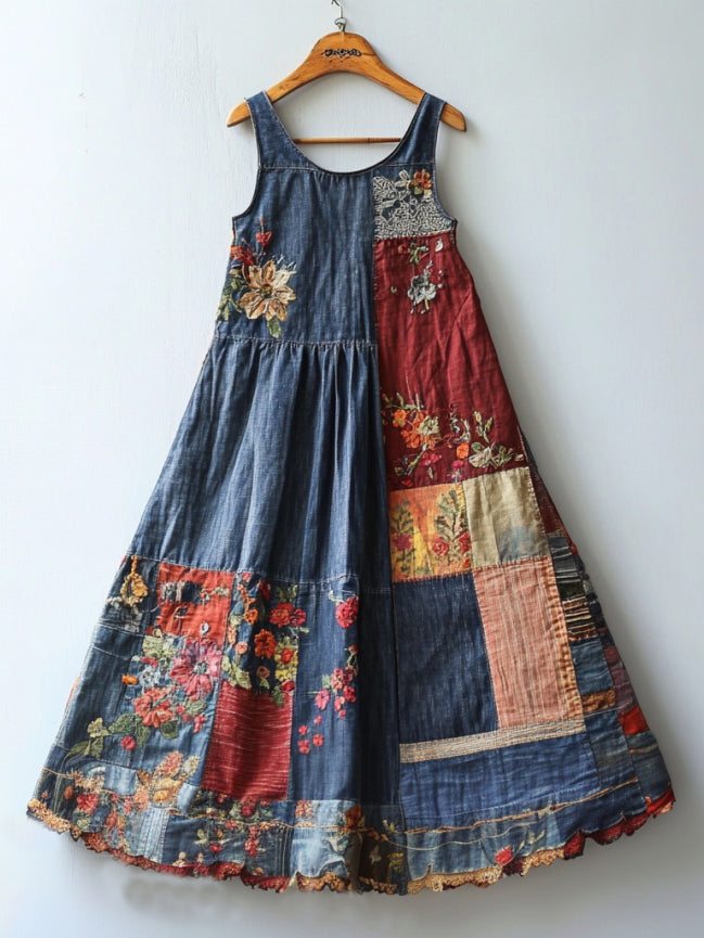 Bohemian Patchwork Floral Embroidery Art Comfortable Vest Maxi Dress
