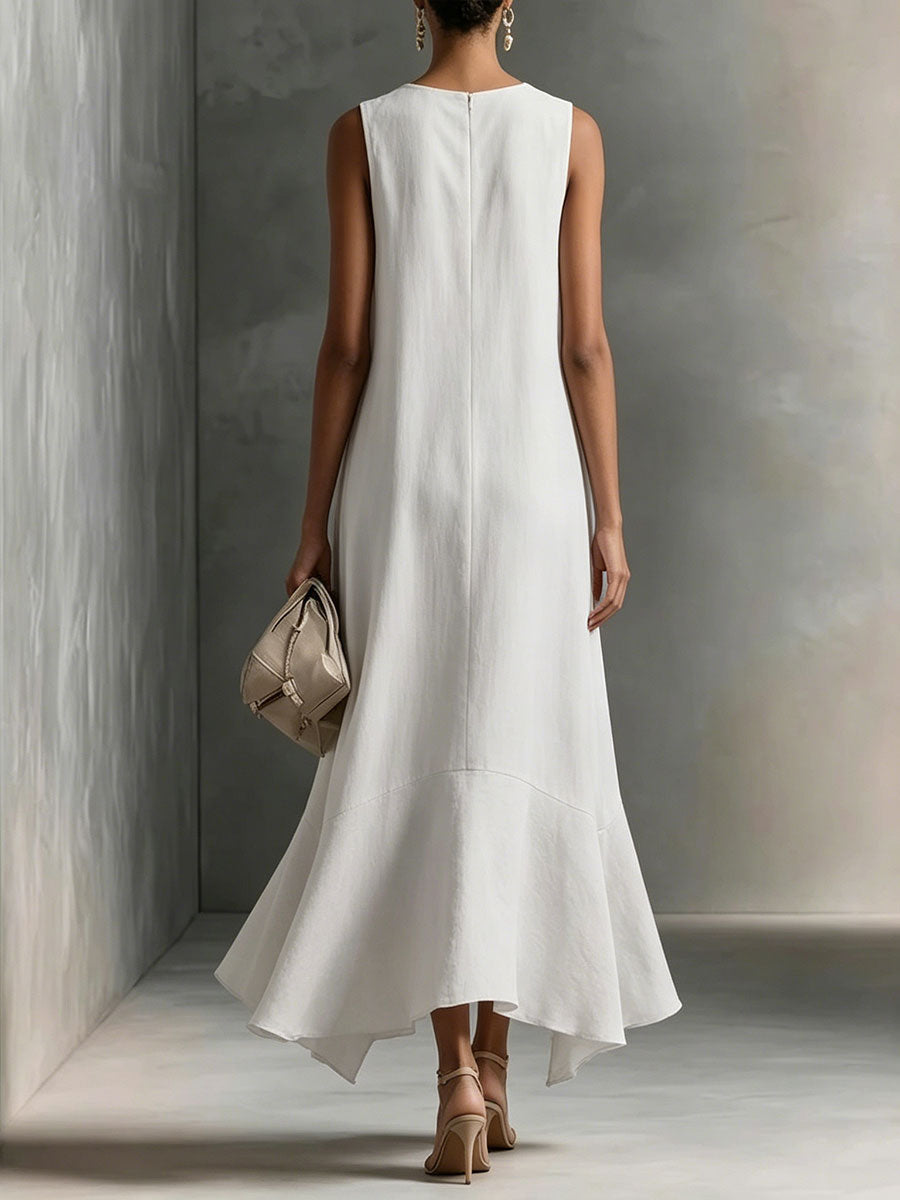 Women's Cotton-linen Deep V-neck And Asymmetrical Hem Elegant Slimming Sleeveless Dress