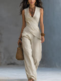 Women's Cross-design Top And Wide-leg Pants Cotton-linen Set