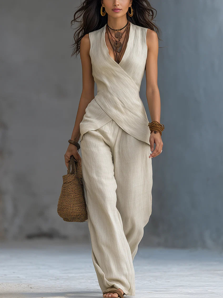 Women's Cross-design Top And Wide-leg Pants Cotton-linen Set