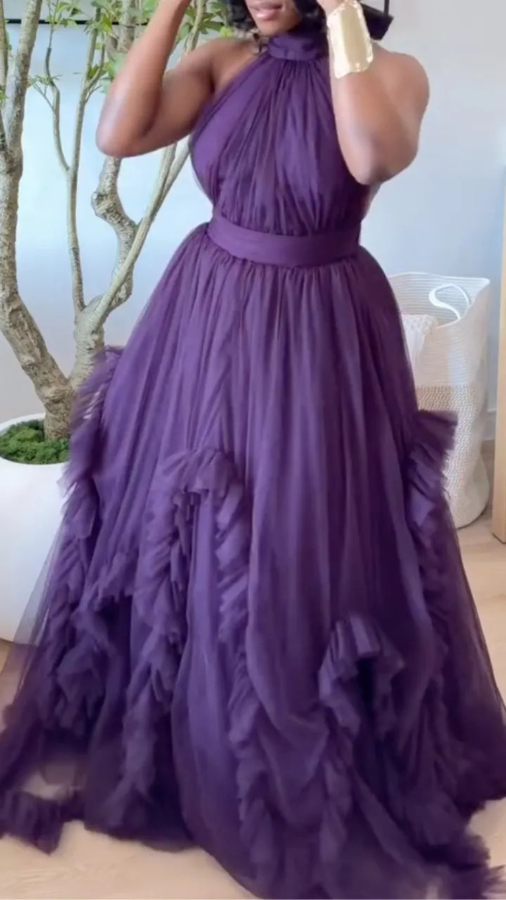 Halter Neck Backless Tulle Maxi Dress