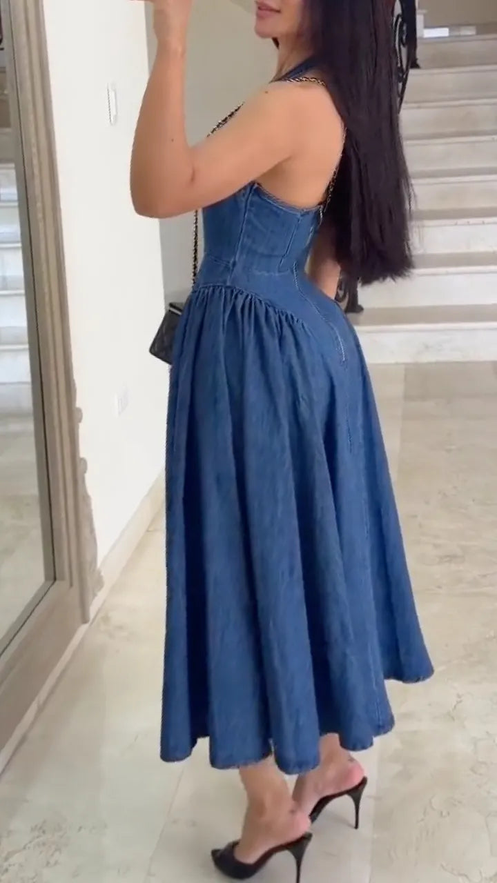 Blue Denim Halter Neck Midi Dress