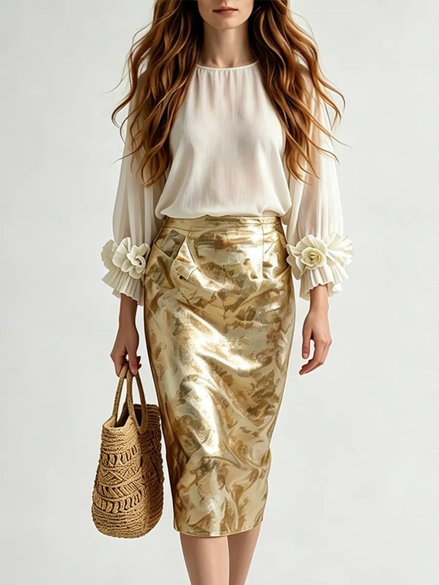 Resort Luxe Floral Appliqué Blouse With Brocade Midi Skirt