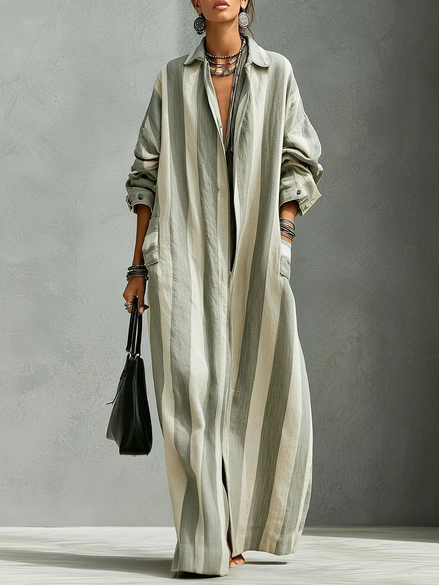 Bohemian Sage Striped Long Trench Coat