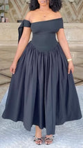 Off Shoulder Bow Sleeve High Waist Full Skirt Midi Formal Party Dress
